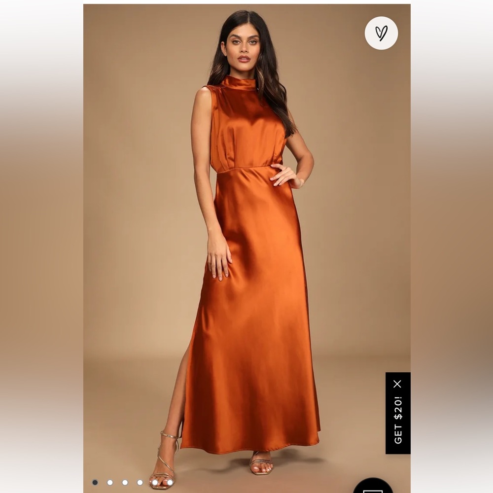 Lulu’s Classic Elegance Copper Satin Sleeveless Mock Neck Maxi Dress